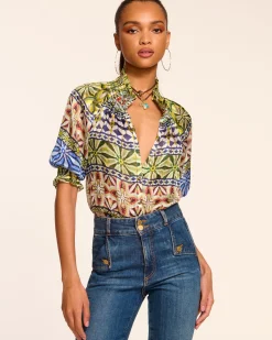 Chela Silk V-Neck Puff Sleeve Blouse