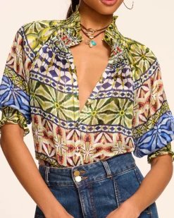 Chela Silk V-Neck Puff Sleeve Blouse