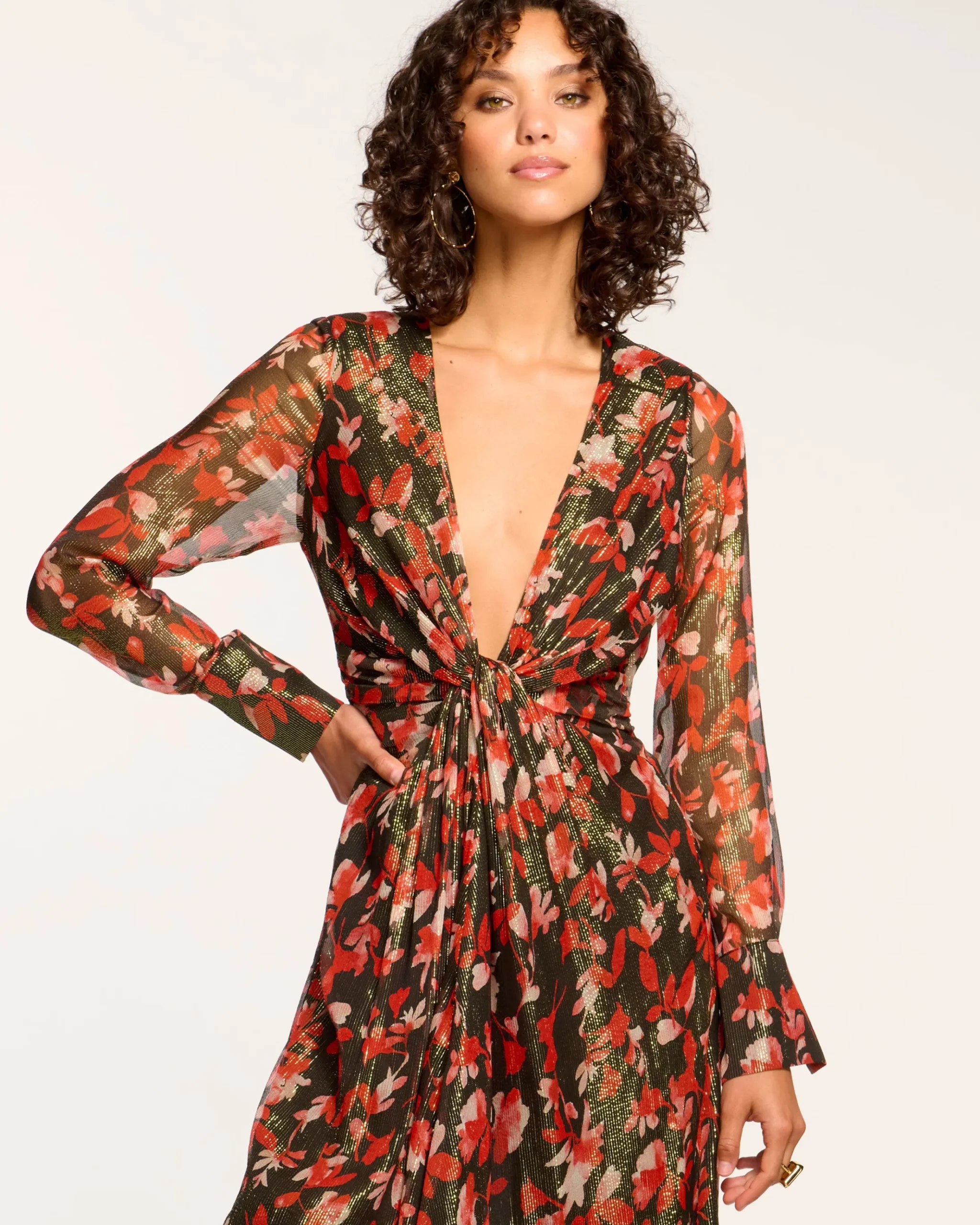 Tatia Plunging Long Sleeve Midi Dress