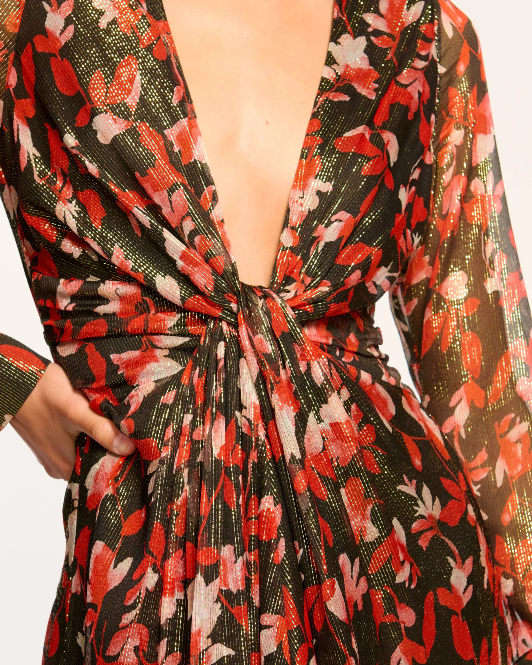 Tatia Plunging Long Sleeve Midi Dress